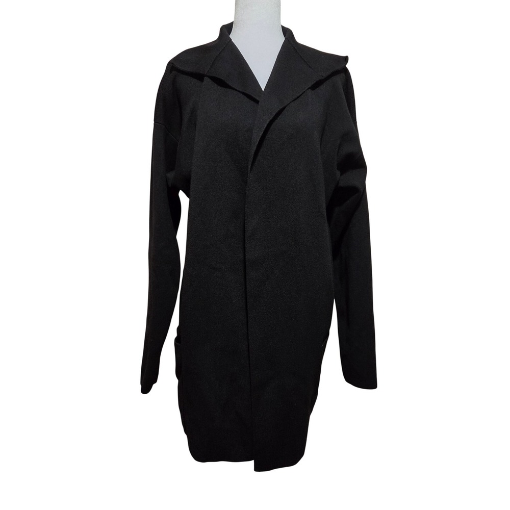 Linda Allard Ellen Tracy Black Wool Silk Blend Open Front Cardigan Sweater S